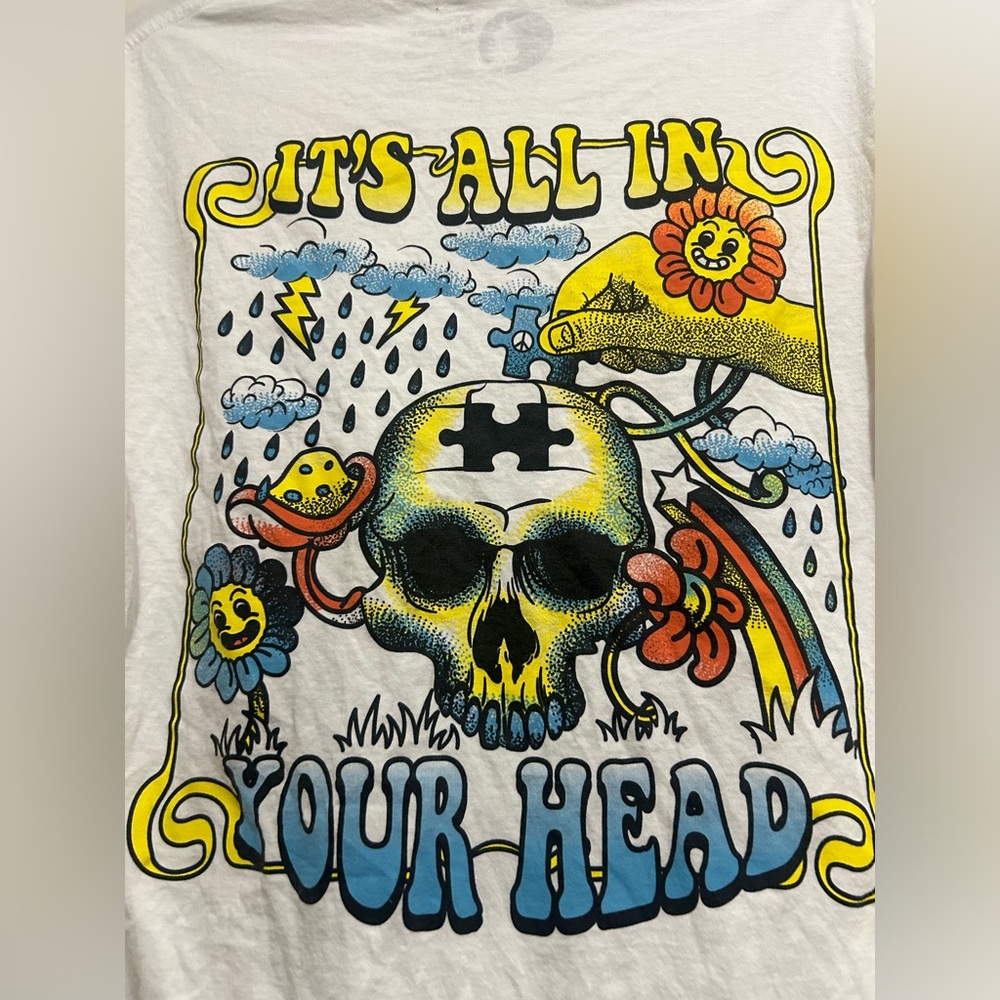 Tree hugger Its all in your head Graphic White T-Shirt w/ Skull & Mushrooms 🍄